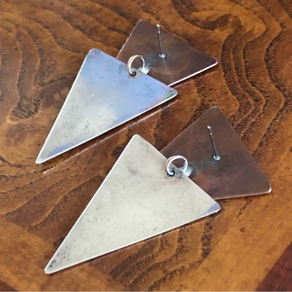 Vintage hand crafted artist copper and sterling silver triangle disc earrings - Picture 8 of 13